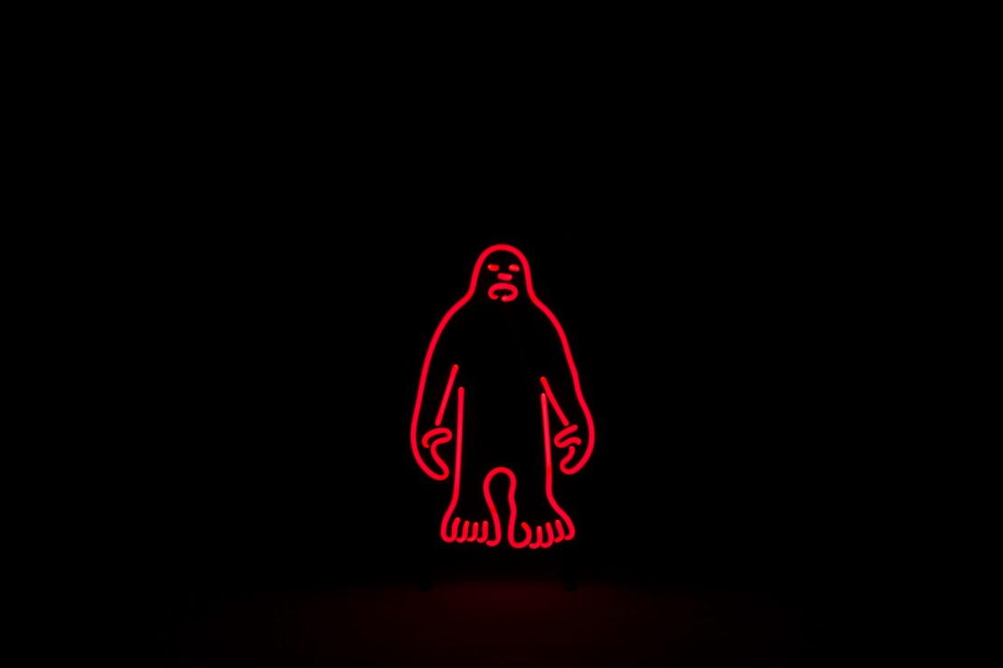The Pink Bigfoot Ascends, pink neon, frame, 50x25, 2019