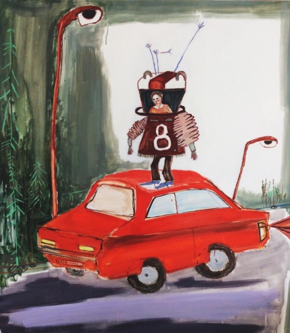 R.-Blazeviciute-Nespalvotame-kra--te-pasirod---raudonas-automobilis-oil-on-canvas-100x90-2018-645x740